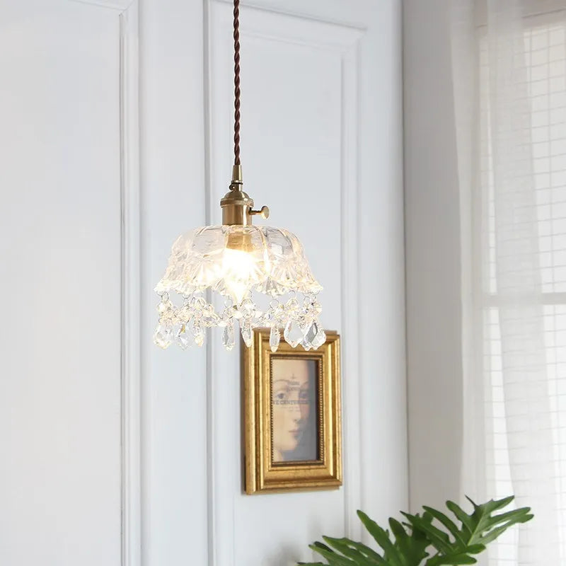 Retro Glass Pendant Lamp with Crystal and Brass Finish