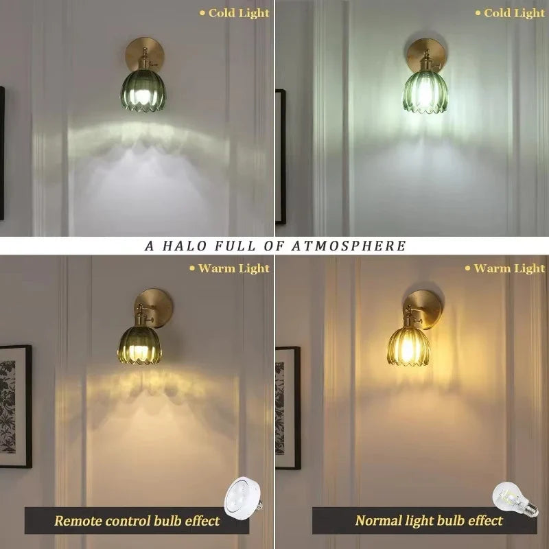 Retro wall lamp in the shape of a tulip flower – wall sconce with glass shade and gold finish