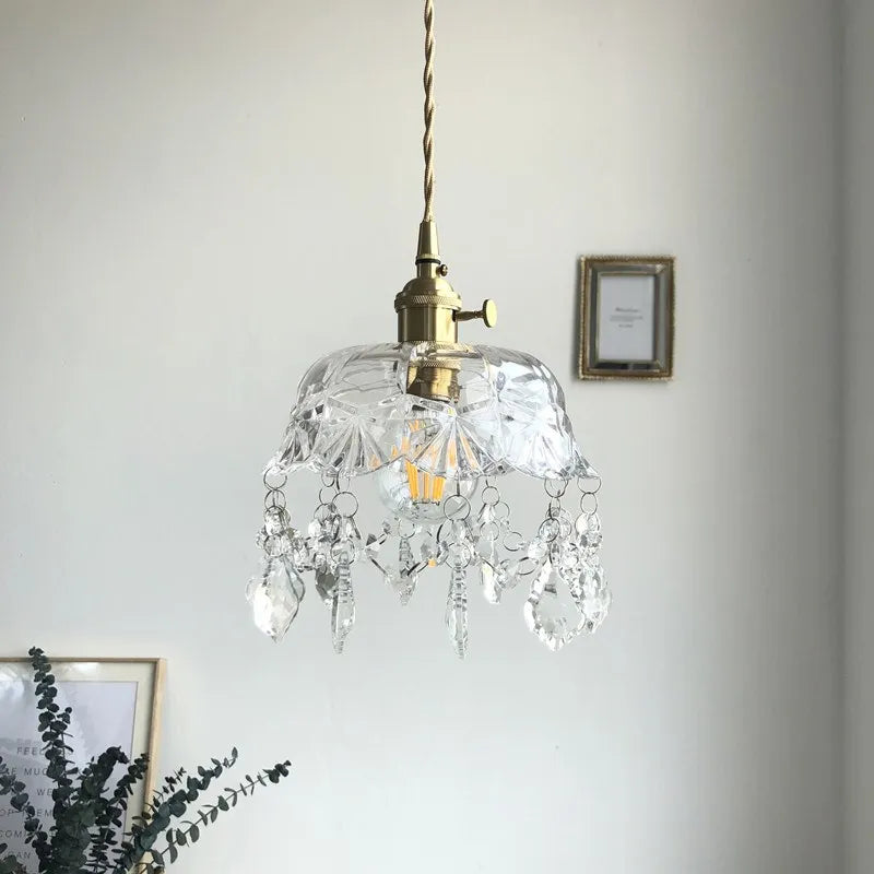 Retro Glass Pendant Lamp with Crystal and Brass Finish