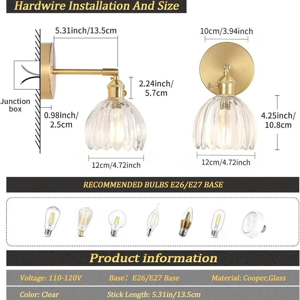 Retro wall lamp in the shape of a tulip flower – wall sconce with glass shade and gold finish