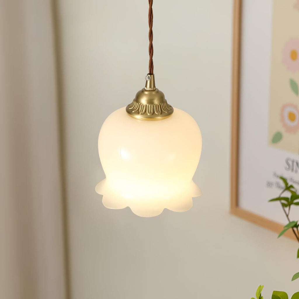 Vintage Brass Petal Glass Pendant Light 1-Light