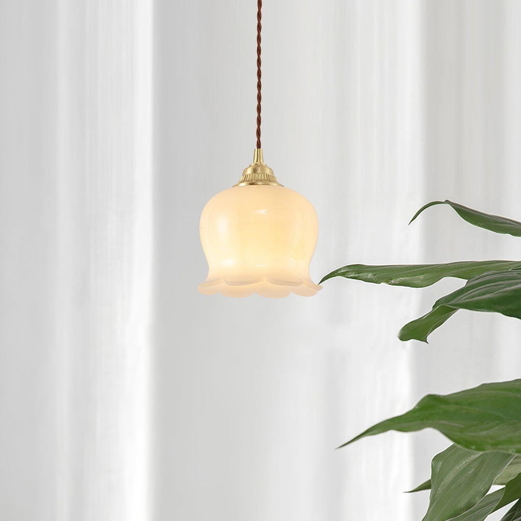 Vintage Brass Petal Glass Pendant Light 1-Light