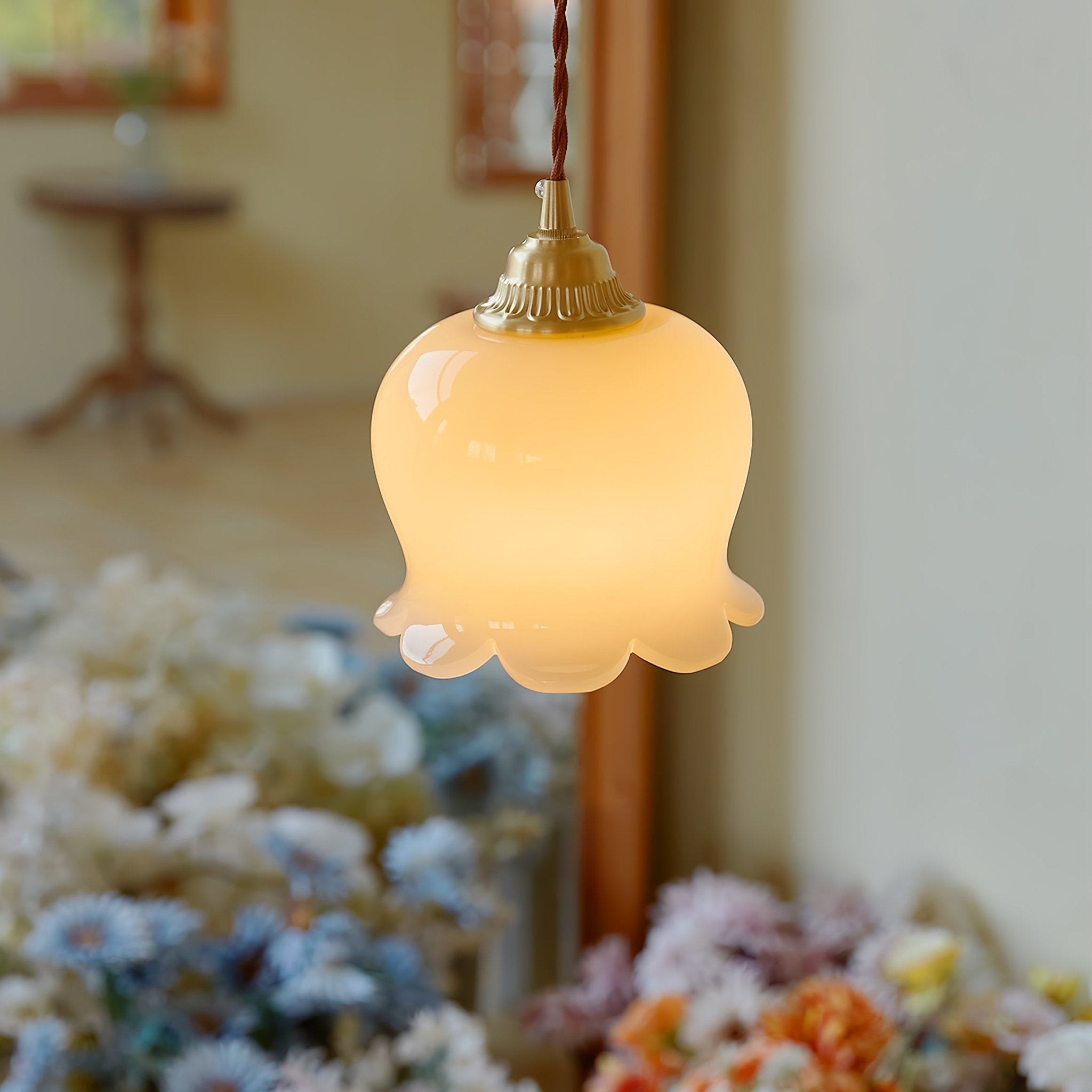 Vintage Brass Petal Glass Pendant Light 1-Light