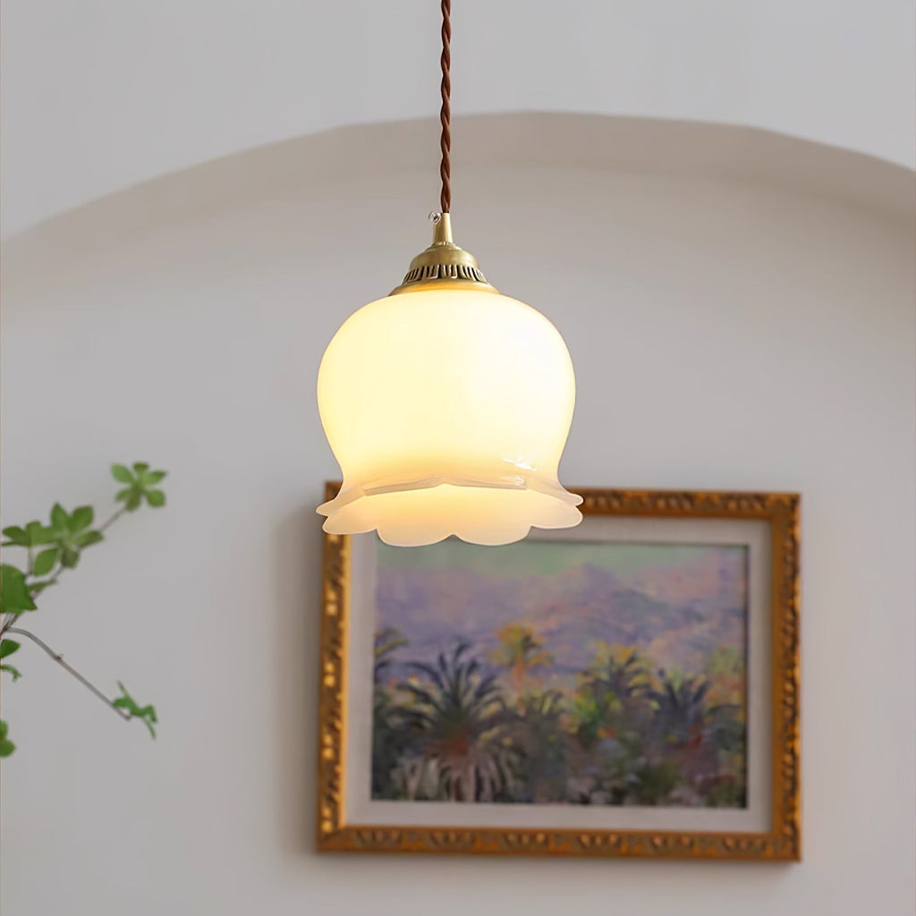Vintage Brass Petal Glass Pendant Light 1-Light