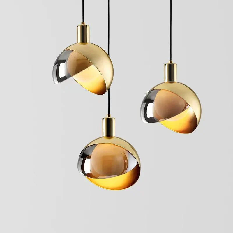 Modern LED Pendant Lamp with Glass Shade in Shades of Gold and Smoky Glass