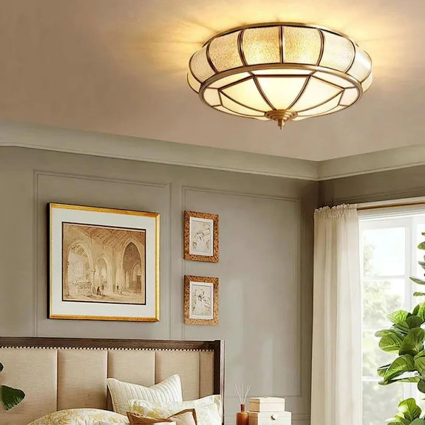 Classic Retro Style Ceiling Lamp with Glass and Brass