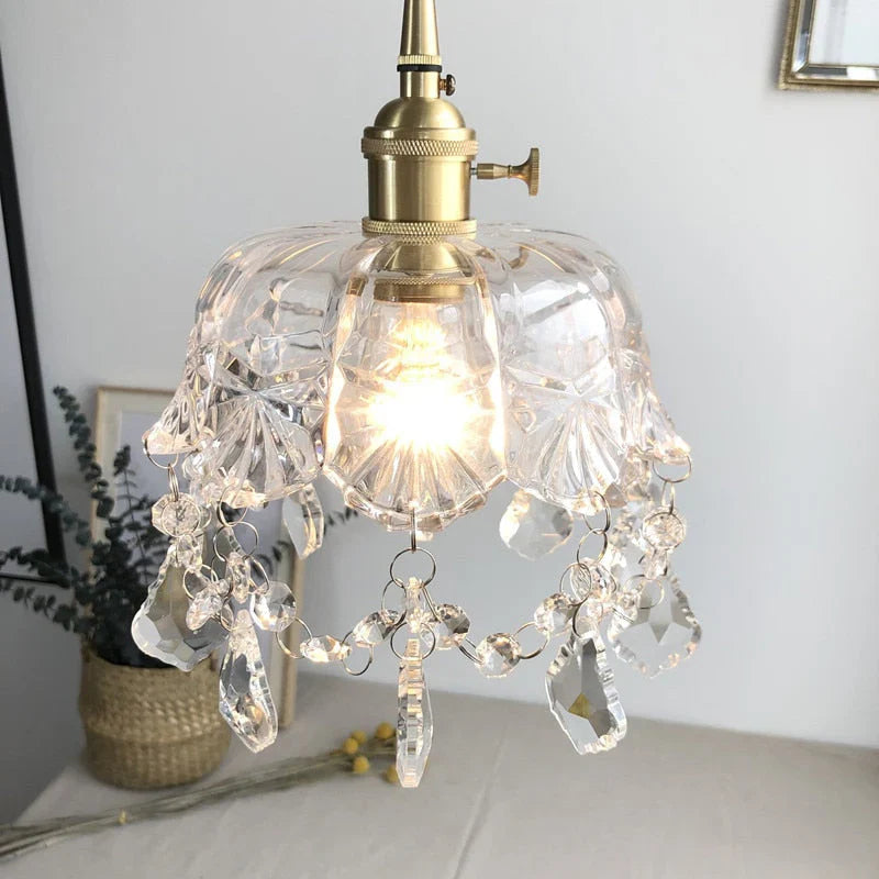 Retro Glass Pendant Lamp with Crystal and Brass Finish