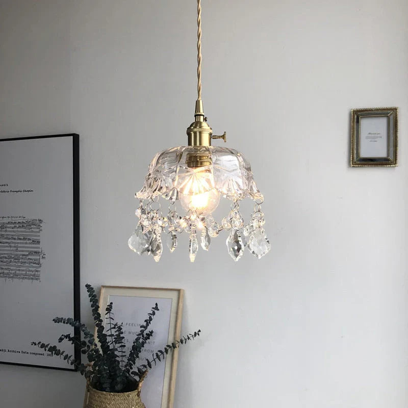 Retro Glass Pendant Lamp with Crystal and Brass Finish