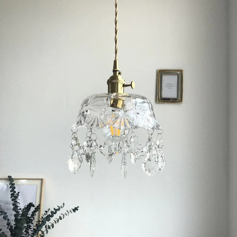 Retro Glass Pendant Lamp with Crystal and Brass Finish